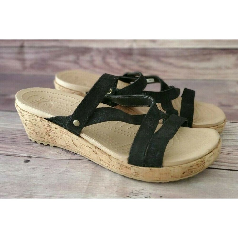Crocs Womens A-leigh Shimmer Leather Black Sandals - Picture 1 of 6